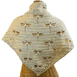 Crochet Shawl Cowl Wrap Dragonfly Cut Outs Off White 67" x 30" Acrylic Handmade
